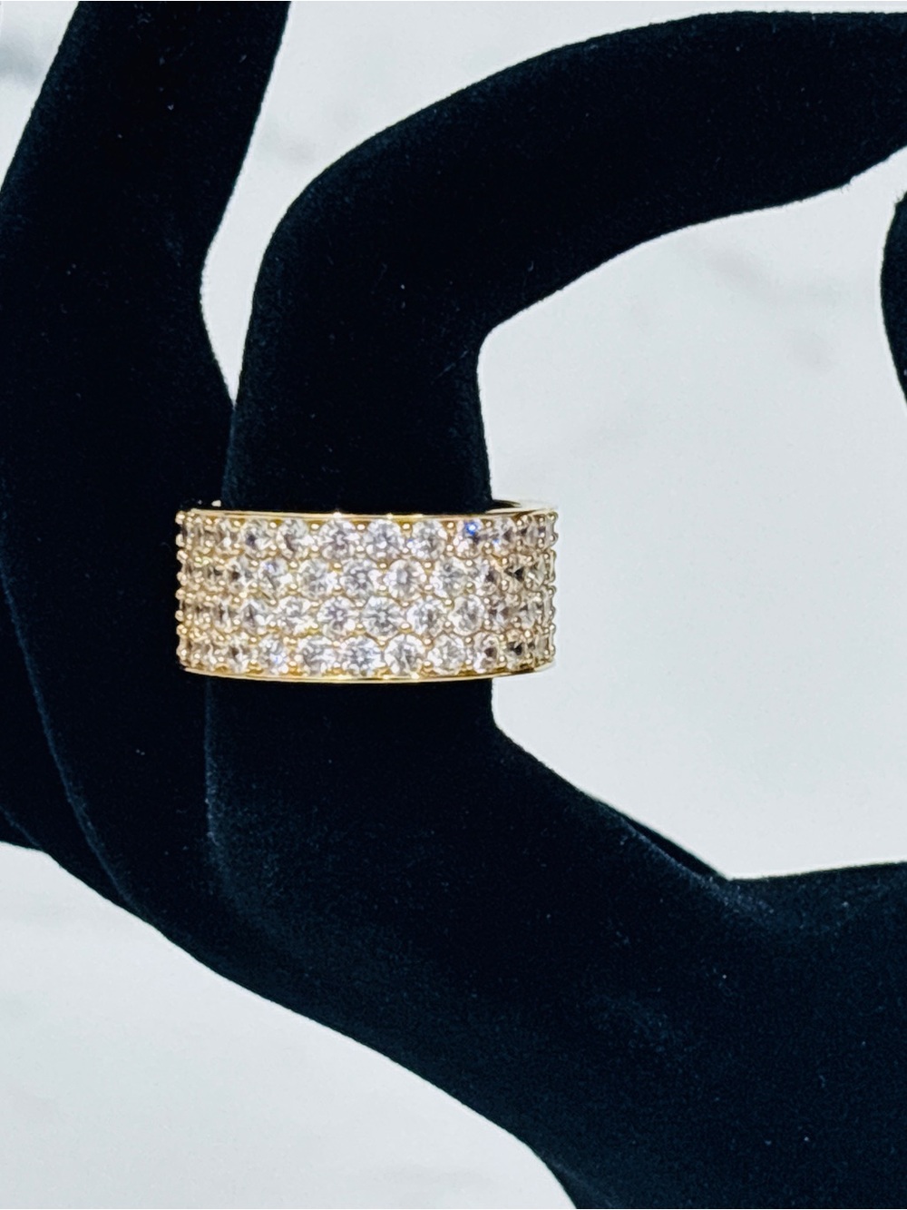 Gold Tone Pave CZ Wide Band Statement Ring Cocktail Wedding Glam Sparkle Size 9